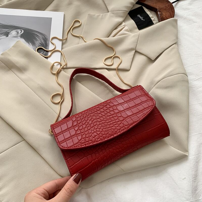 

Croc Embossed Chain Satchel Bag, Rose gold
