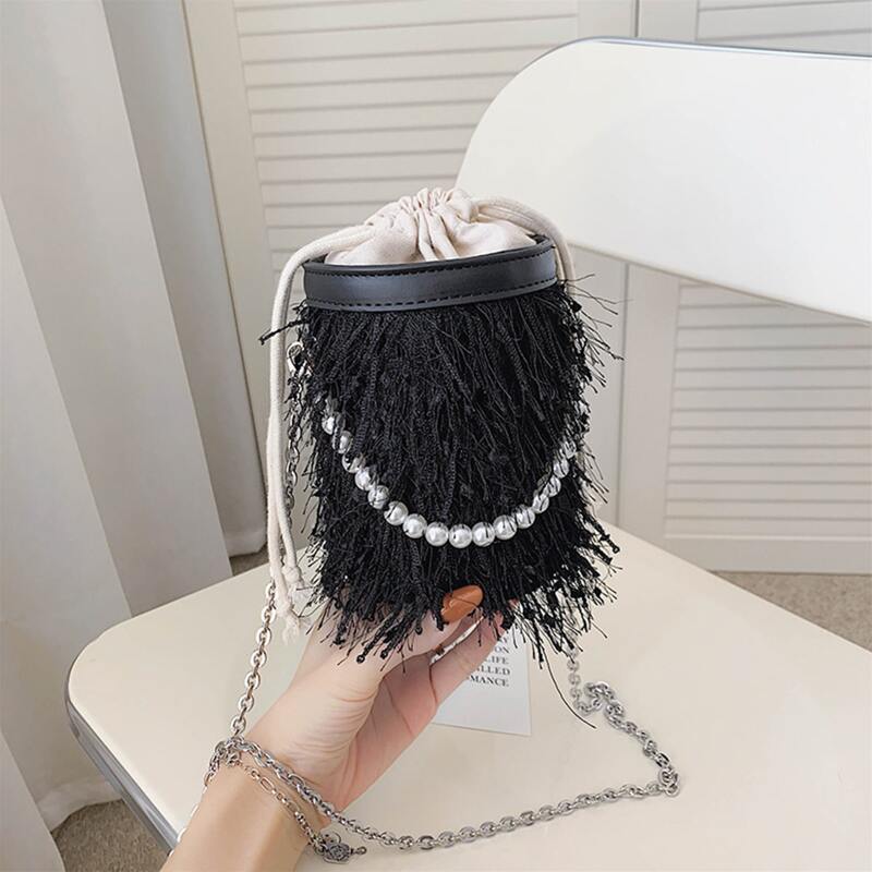 

Faux Pearl Handle Tassel Bucket Bag, Black