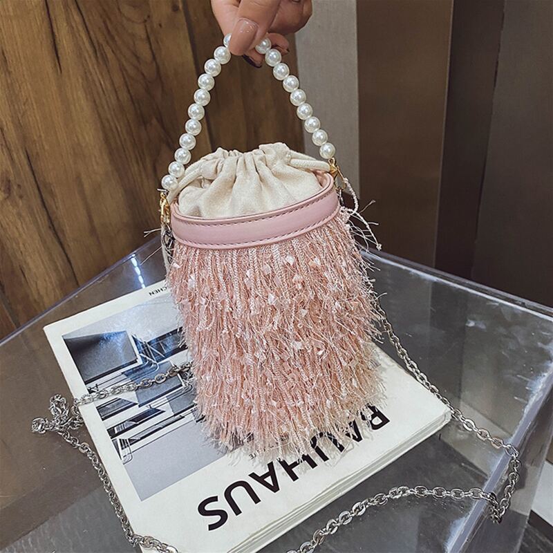 

Faux Pearl Handle Tassel Bucket Bag, Baby pink