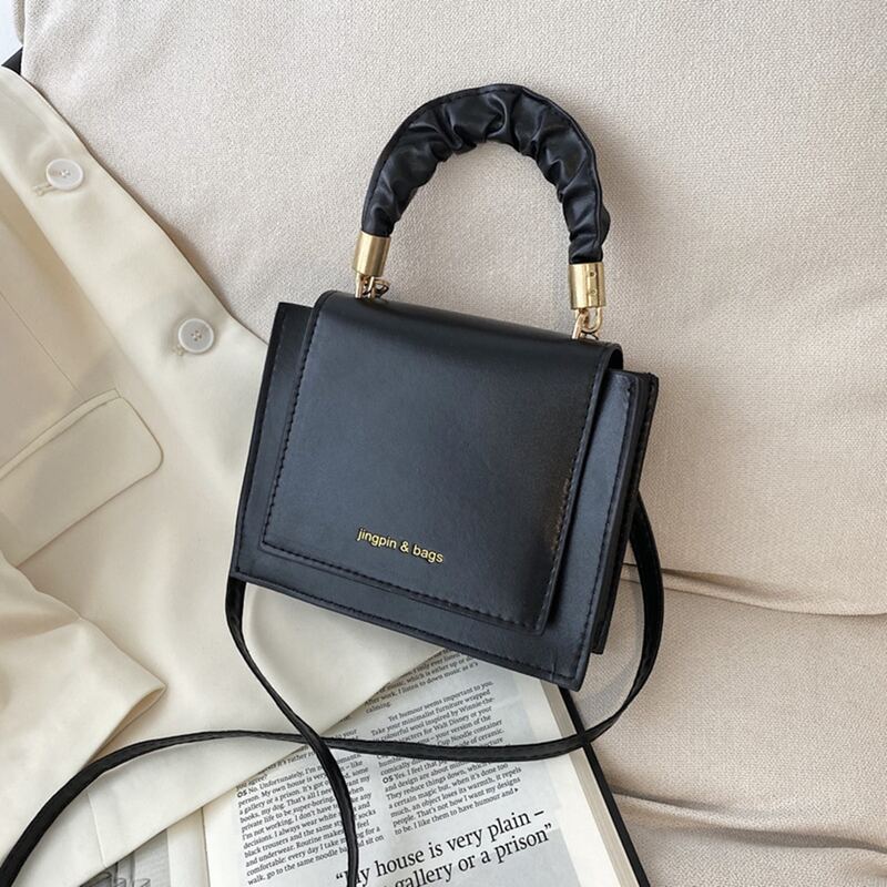

Ruched Handle Flap Satchel Bag, Black