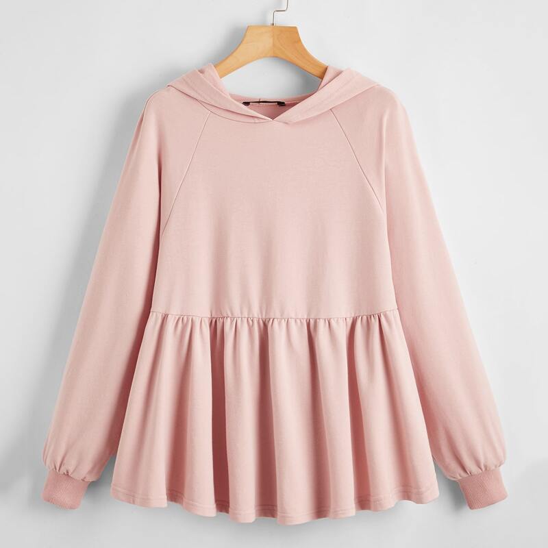 

Raglan Sleeve Ruffle Hem Solid Hoodie, Pastel baby pink