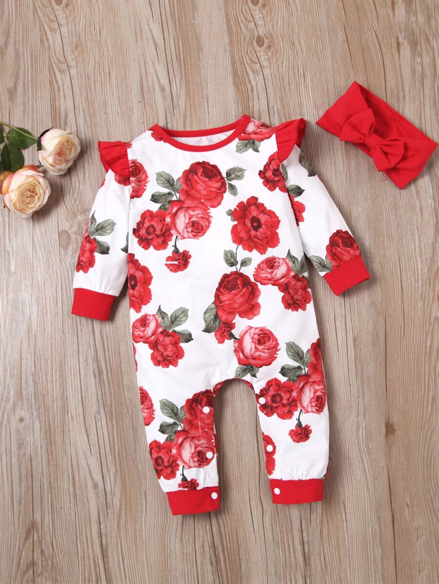 女嬰花卉拼接滾邊荷葉邊連身長褲帶髮帶 - 紅白色 - 查看 1