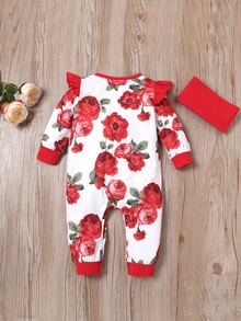 女嬰花卉拼接滾邊荷葉邊連身長褲帶髮帶 - 紅白色 - 查看 2