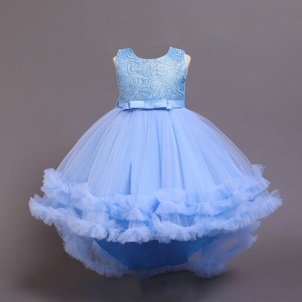 

Girls Embroidery Big Bow Back Tutu Gown Dress, Baby blue
