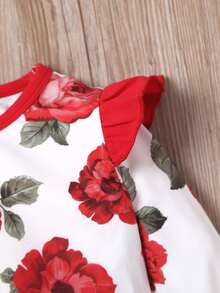 女嬰花卉拼接滾邊荷葉邊連身長褲帶髮帶 - 紅白色 - 查看 3