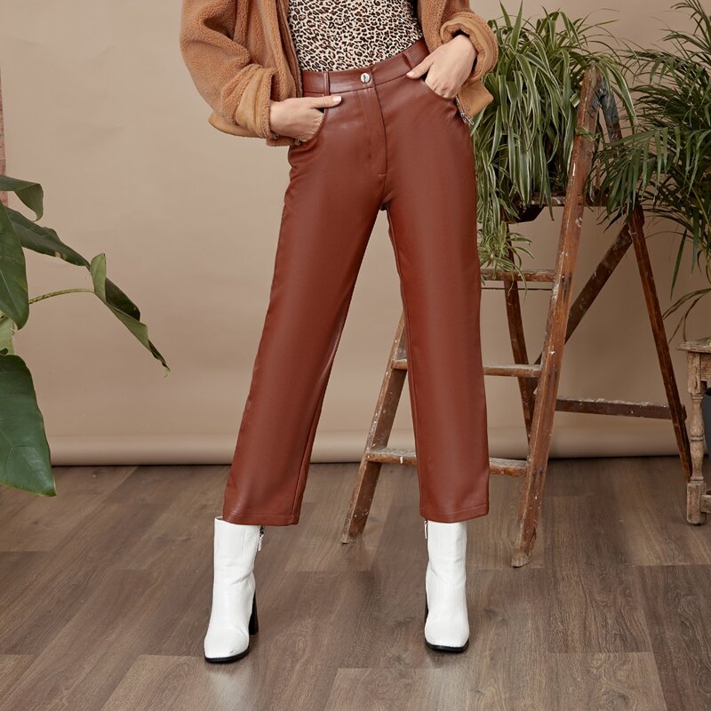 

Zipper Fly Solid PU Pants, Rust brown