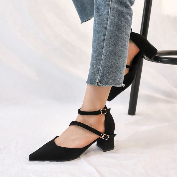 

Minimalist Ankle Strap Chunky Pumps, Black