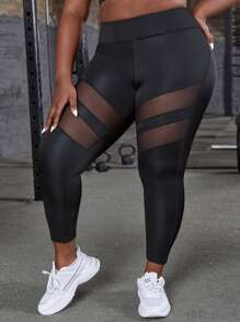 Yoga Basic Plus Contrast Mesh Sports Leggings - Black - View 1
