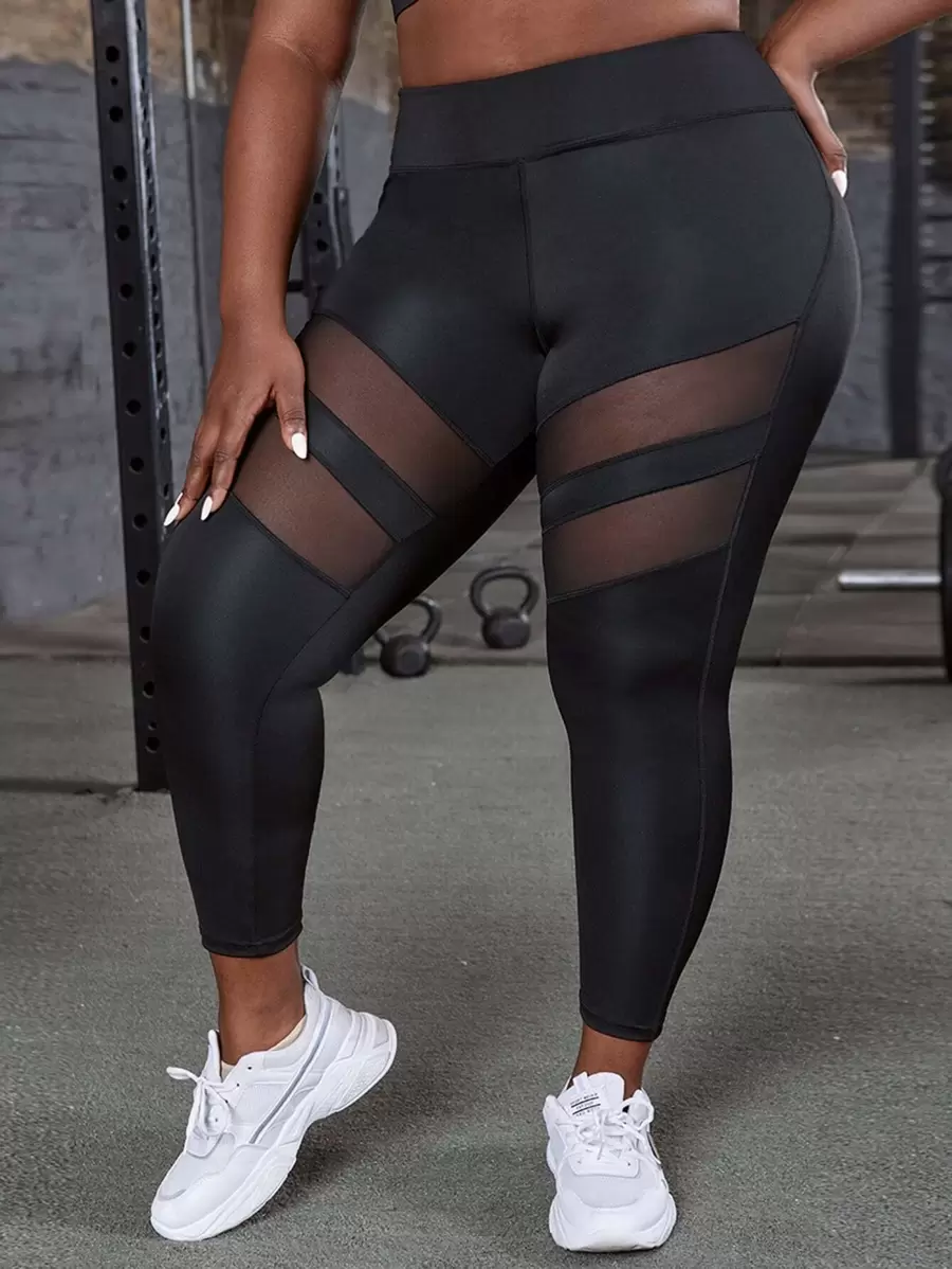 Yoga Basic Plus Contrast Mesh Sports Leggings - Black - View 1