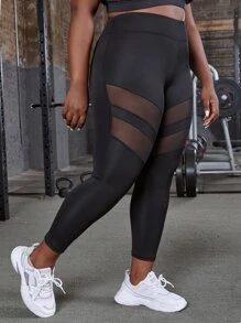 Yoga Basic Plus Contrast Mesh Sports Leggings - Black - View 6