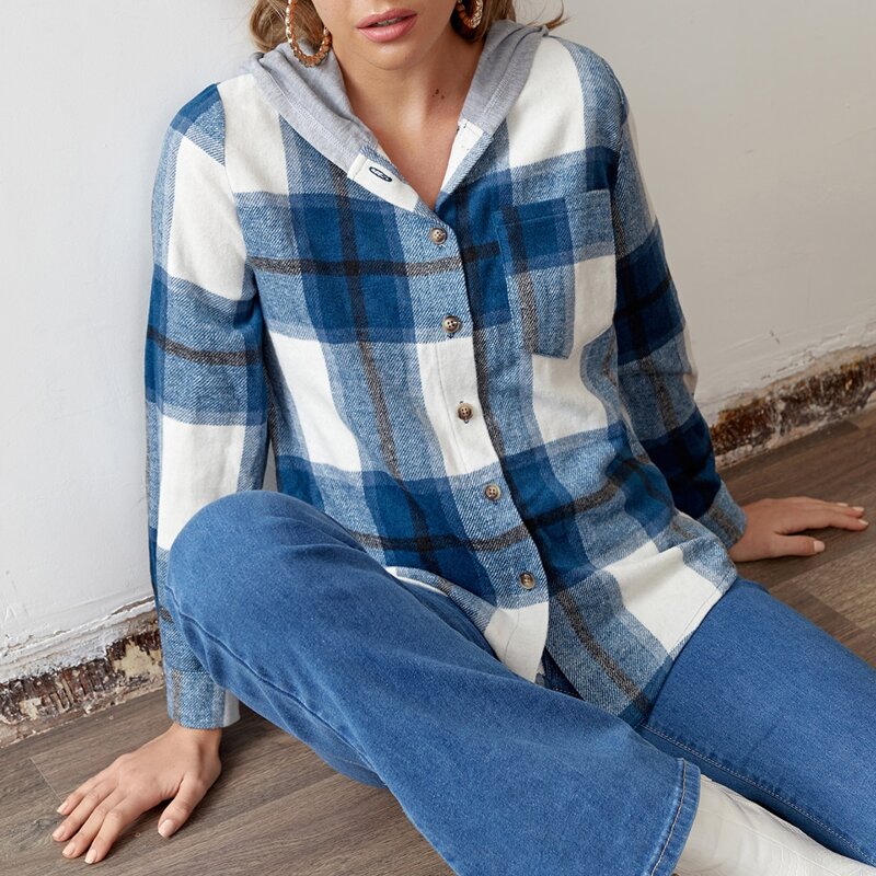 

Contrast Hooded Curved Hem Plaid Blouse, Multicolor
