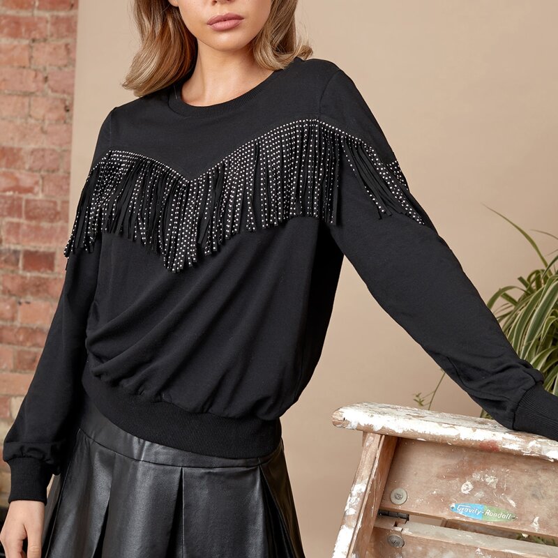 

Studded Fringe Detail Pullover, Black