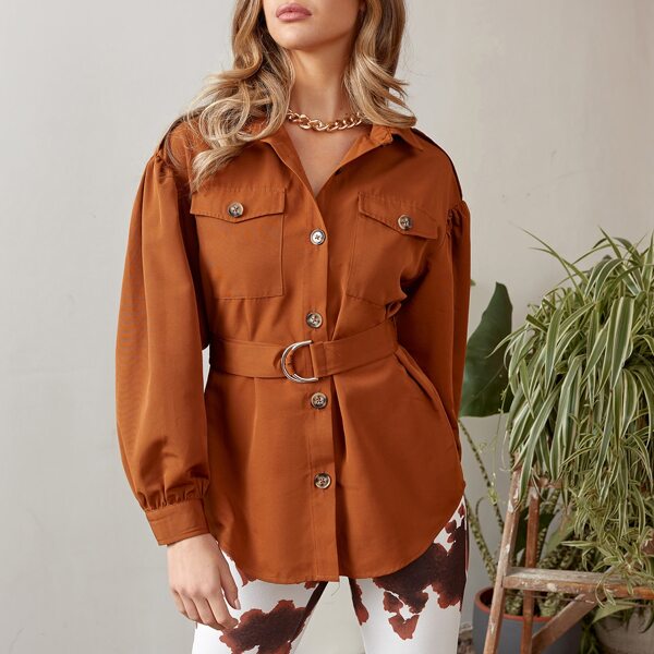 

Puff Sleeve Flap Pocket D-ring Belted Coat, Burnt orange