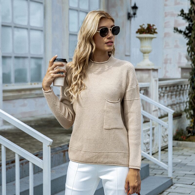 

Drop Shoulder Patch Pocket Sweater, Beige