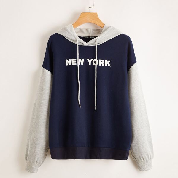 

Letter Graphic Color Block Drawstring Hoodie, Navy blue