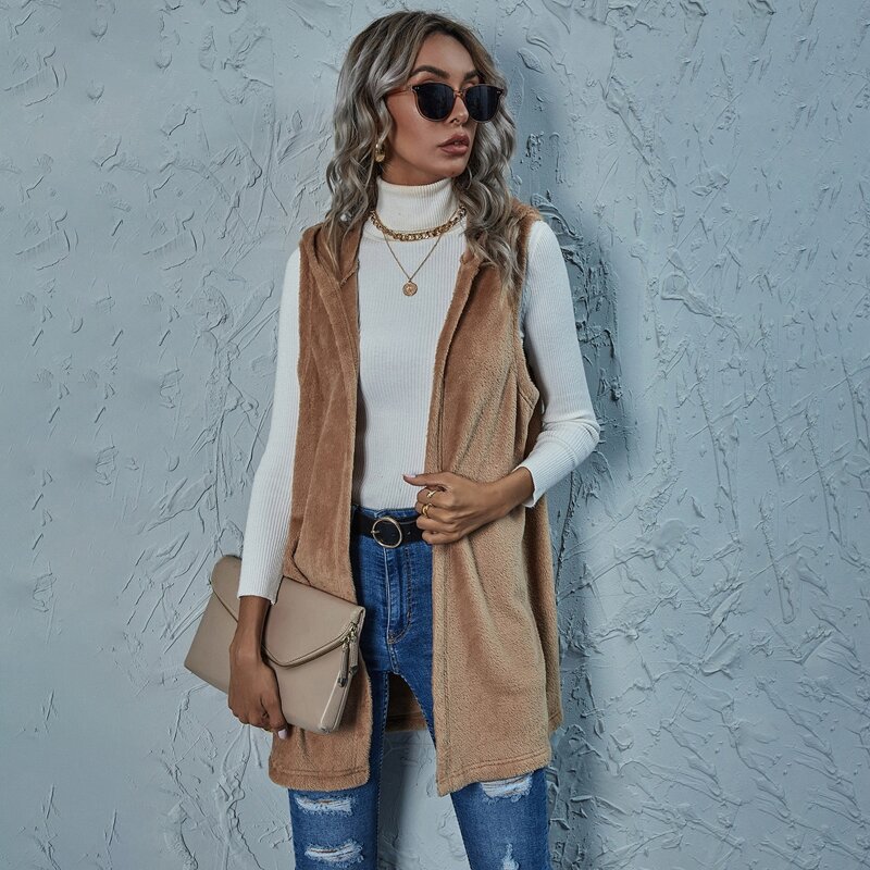 

Open Front Hooded Teddy Vest Coat, Mocha brown