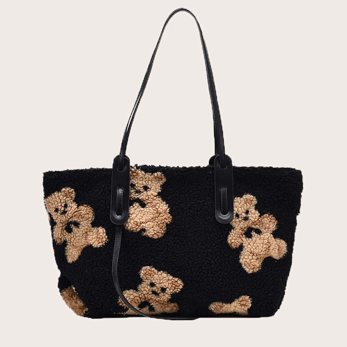 

Cartoon Bear Pattern Fluffy Tote Bag, Black