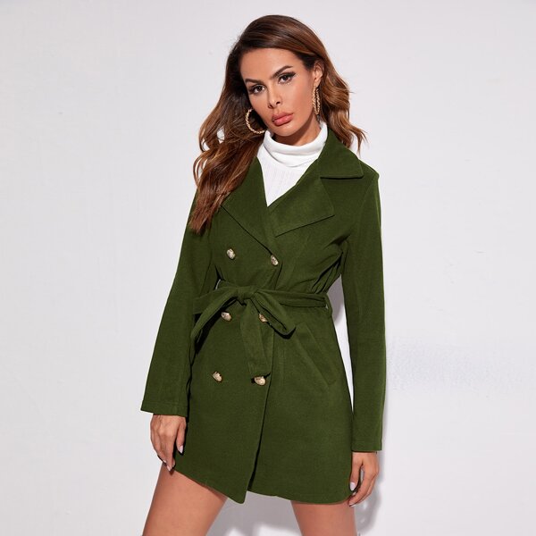 

Lapel Collar Double Breasted Belted Coat, Army green