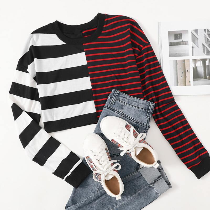 

Striped Spliced Drop Shoulder Crop Tee, Multicolor