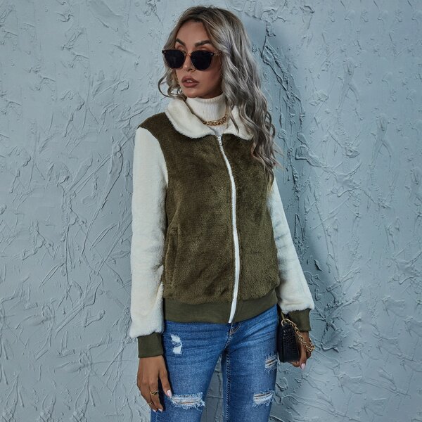 

Zip Up Colorblock Teddy Jacket, Army green
