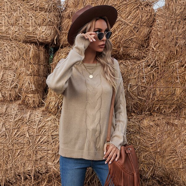 

Drop Shoulder Cable Knit Sweater, Khaki