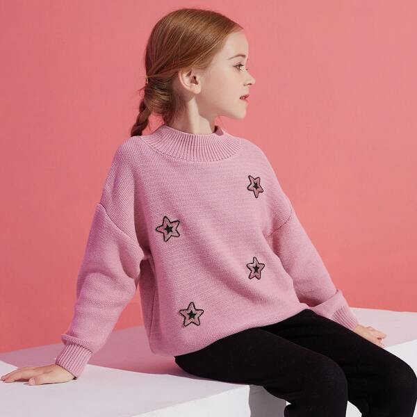 

Girls Star Sequin Patched Drop Shoulder Sweater, Baby pink