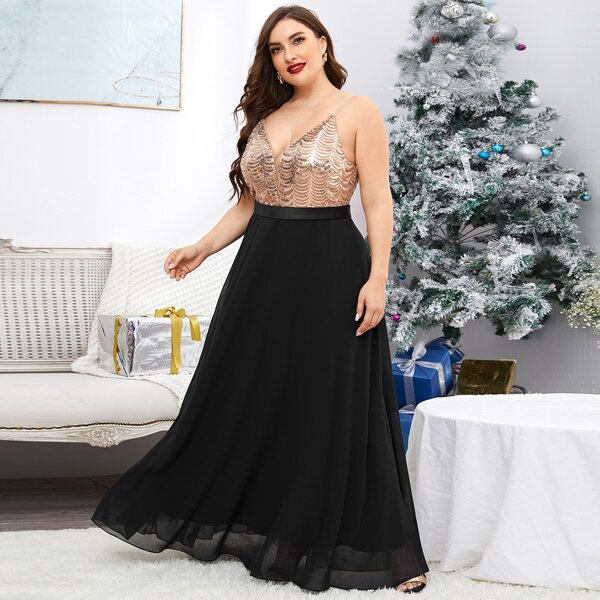 

Plus Contrast Sequin Mesh Cami Dress, Black