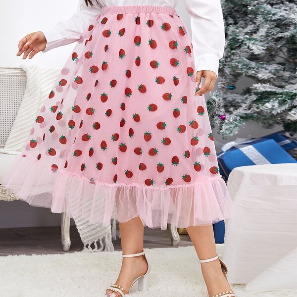 

Plus Strawberry Print Frill Trimed Mesh Skirt, Baby pink