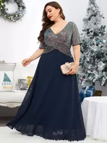 SHEIN Belle Plus Contrast Sequin Surplice Front A-Line Dress Elegant Mother Of The Bride Dress - Navy Blue - View 1