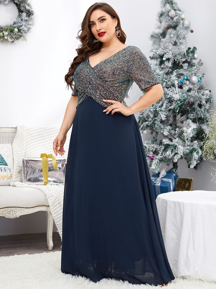 SHEIN Belle Vestido A-line de madrina de boda elegante con frente cruzado y aplicaciones de lentejuelas en contraste - Azul Marino - Añade 3