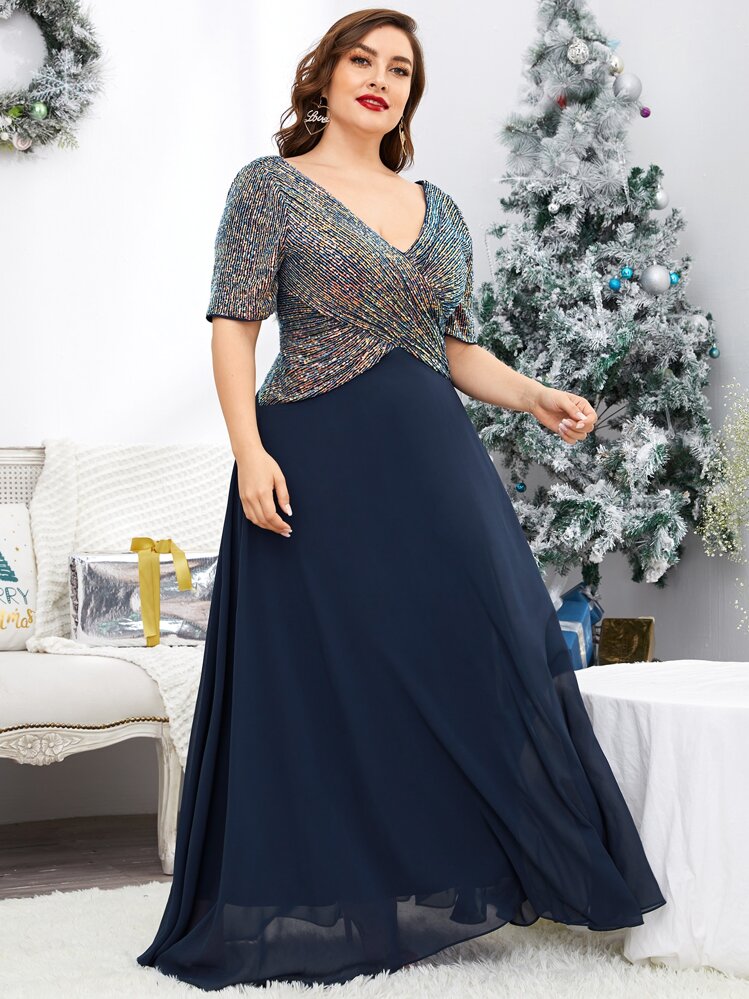 SHEIN Belle Vestido A-line de madrina de boda elegante con frente cruzado y aplicaciones de lentejuelas en contraste - Azul Marino - Añade 5