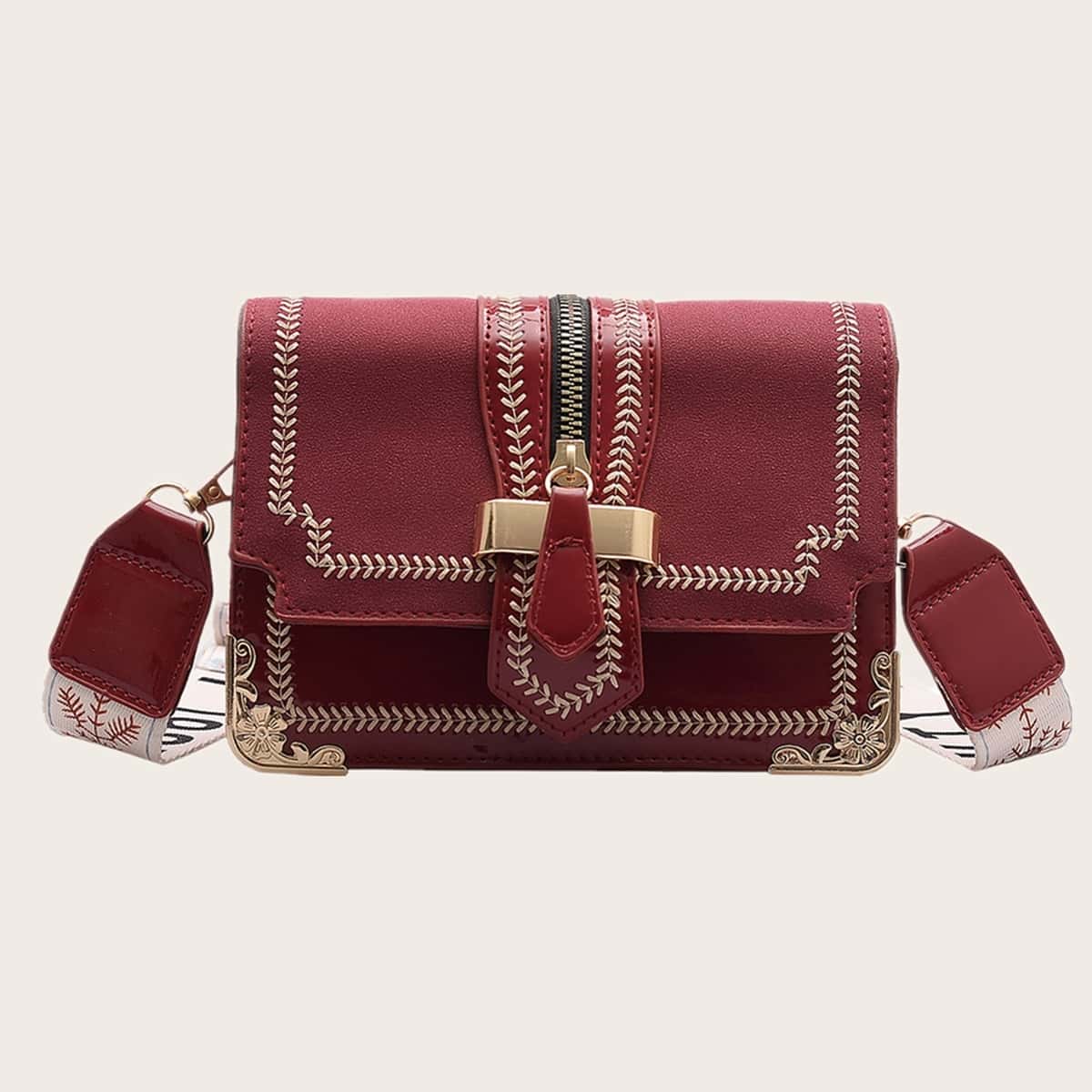 

Leaf Trim Zip Buckle Crossbody Bag, Burgundy