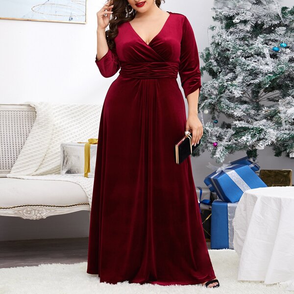 

Plus Velvet Surplice Front A-line Dress, Burgundy