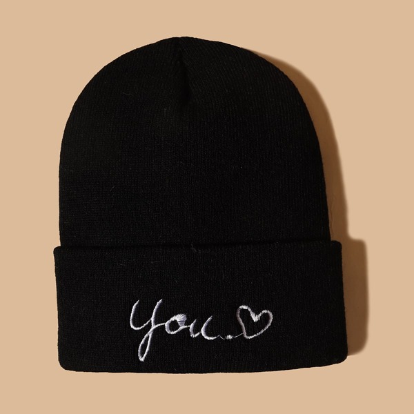 

Letter Embroidery Beanie, Black