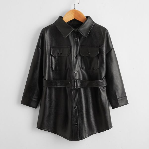 

Toddler Girls Belted Single Breasted PU Leather Coat, Black