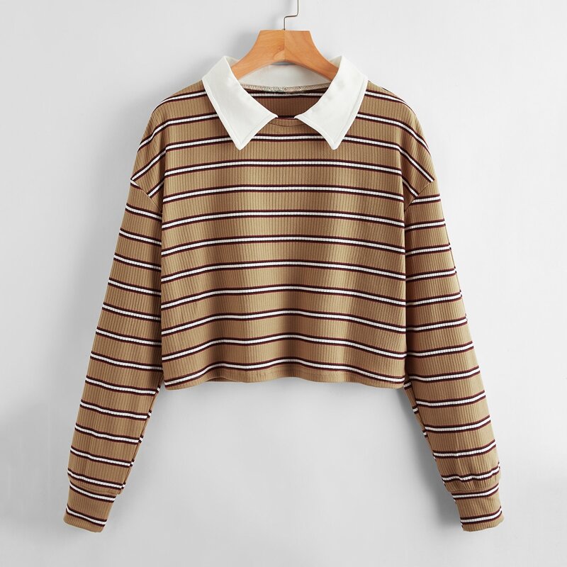 

Contrast Collar Striped Pattern Tee, Brown
