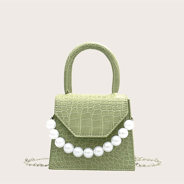 

Mini Girls Faux Pearl Decor Croc Embossed Satchel Bag, Green