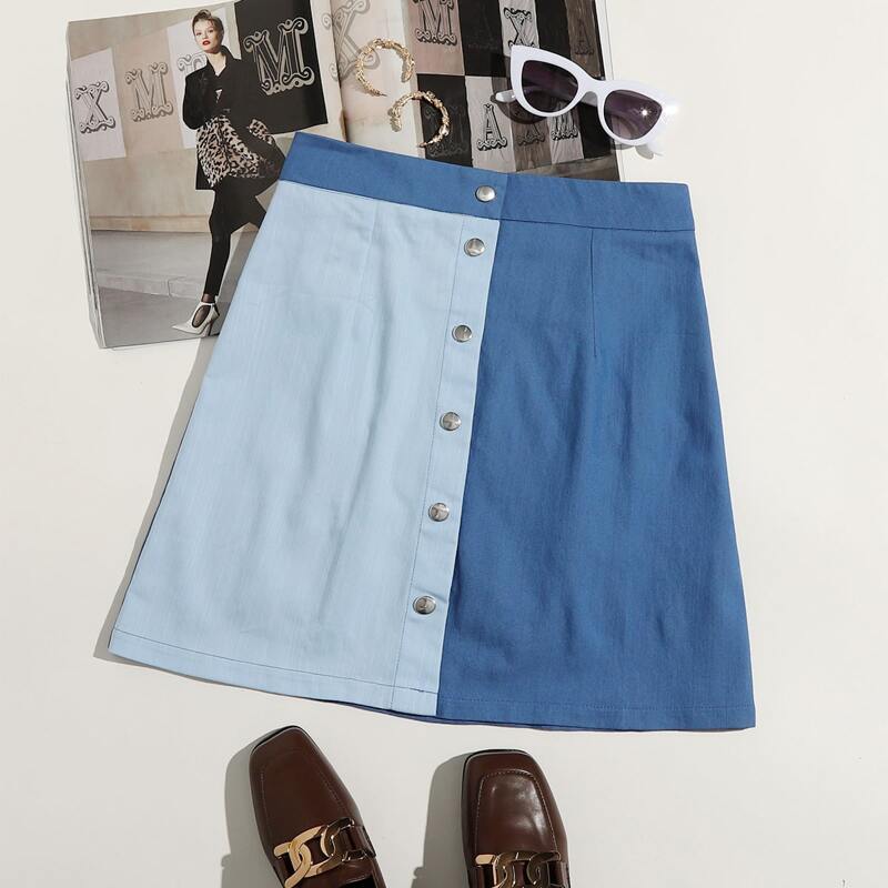 

Button Front Colorblock Corduroy Skirt, Multicolor