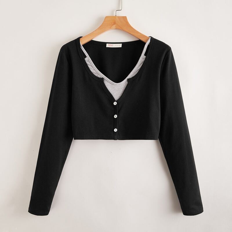 

Button Front 2 In 1 Tee, Black
