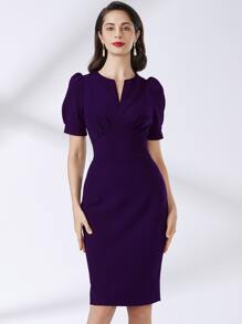 MIUSOL Notch Neck Puff Sleeve Solid Dress - Purple - View 1