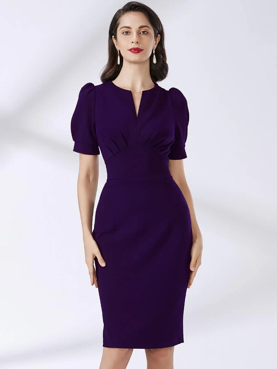 MIUSOL Notch Neck Puff Sleeve Solid Dress - Purple - View 1