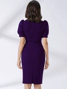 MIUSOL Notch Neck Puff Sleeve Solid Dress - Purple - View 2