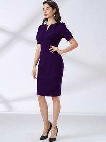 MIUSOL Notch Neck Puff Sleeve Solid Dress - Purple - View 3