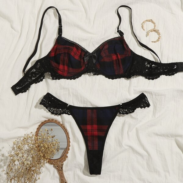 

Plaid Lace Trim Underwire Lingerie Set, Multicolor