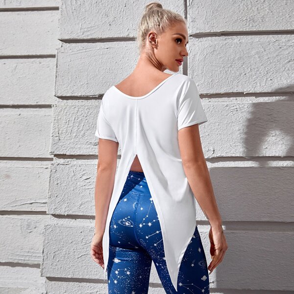 

Split Back Asymmetrical Hem Sports Tee, White
