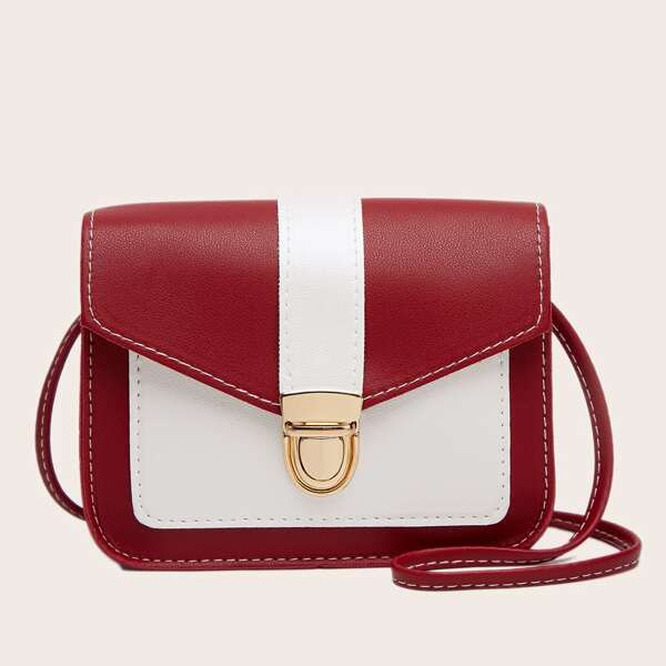 

Push Lock Color Block Flap Crossbody Bag, Red