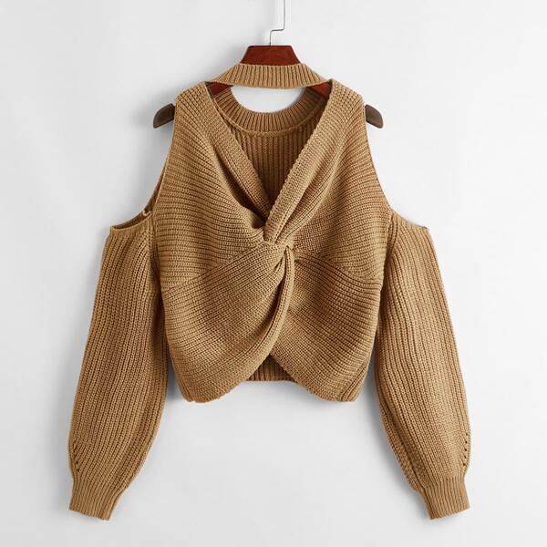 

Plus Cold Shoulder Twist Front Sweater, Khaki