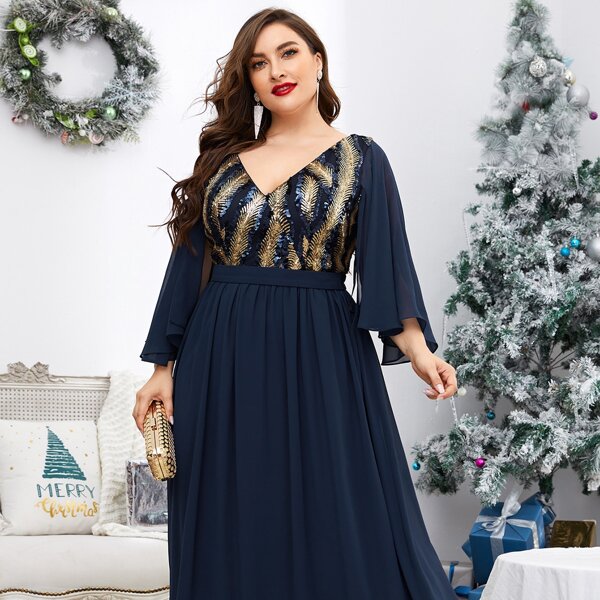 

Plus Cloak Sleeve Contrast Sequin Flared Dress, Navy blue