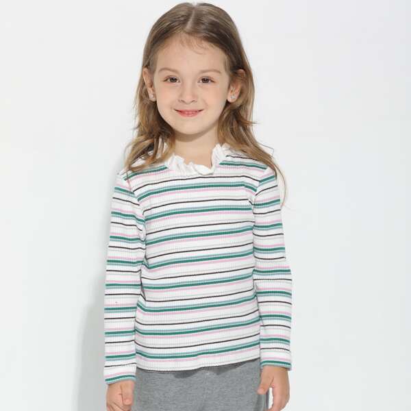 

Toddler Girls Frill Neck Rib-knit Striped Tee, Multicolor