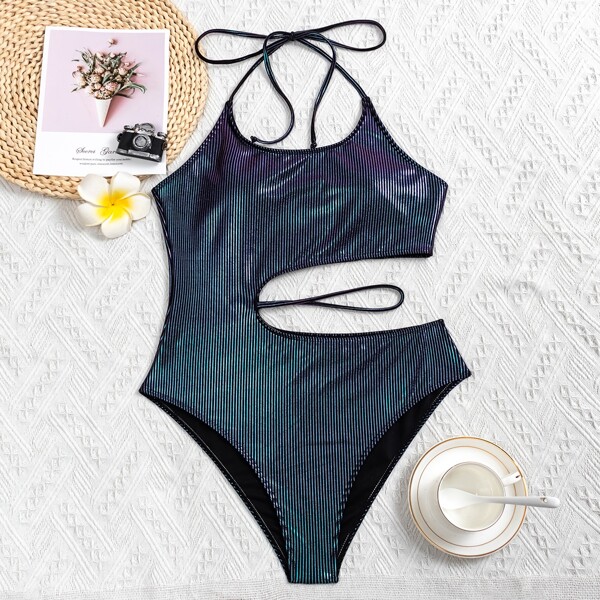 

Rib Cut Out One Piece Swimsuit, Multicolor